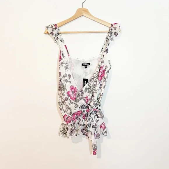 Express Floral Pink & White Wrap Peplum Tank Top Size XS - Picture 2 of 8